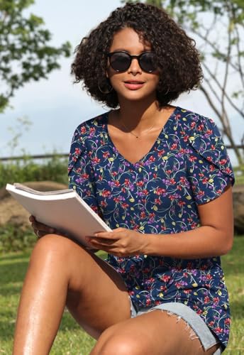 Image of CATHY 2026 Women Tops Summer Short Sleeve Tunic V Neck T-Shirts Loose Casual Floral Blouse S-4XL