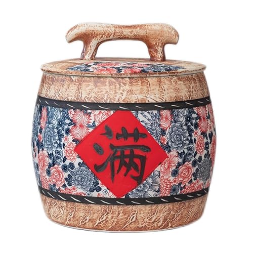 JIAOCKJIAO JKGHK Brown Ceramic Rice Container, Chinese Ceramic Rice Bucket, Ceramic Food Storage Jar with Airtight Seal Lid, Ceramic Rice Cylinder for All Type of Foods(5kg)