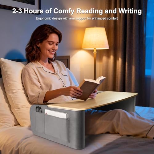 Image of OPTIXCELL Lap Desk with Arm Rests, Ergonomic Laptop Stand for College Dorm | Curved Desktop and Dual Armrests, 40kg Capacity, Dual Pockets, Reading Writing Gaming Eating, Bed Couch Floor Dorm Room