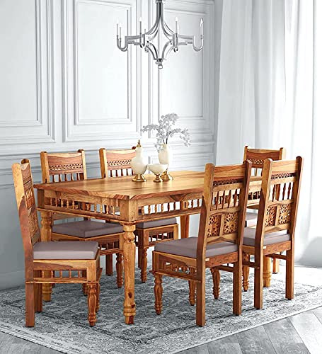 Image of SHRI MINTU'S ART Solid Sheesham Wood Dining Table 6 Seater | Six Seater Dinning Table with 6 Chairs for Home | Dining Room Sets for Kitchen & Restaurants | Chairs with Cushion | Rosewood, Teak Finish