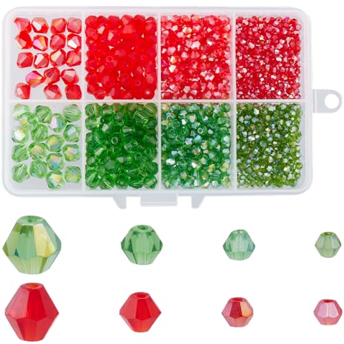 SUNNYCLUE 1 Box 1100Pcs Bicone Glass Bead Christmas Faceted Beads Bulk Assorted Transparent Crystal Red Green Xmas Winter Loose Spacer Gem Bead for Bracelets DIY jewellery Making Necklace Crafts Findi
