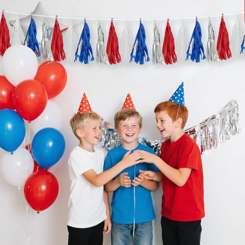Image of 4th of July Decorations Tassel Garland - 10FT Red White Blue Silver Fringe Banner, No DIY Tissue Paper banner for Independence Day, America Patriotic Party,Memorial Day,Labor Day