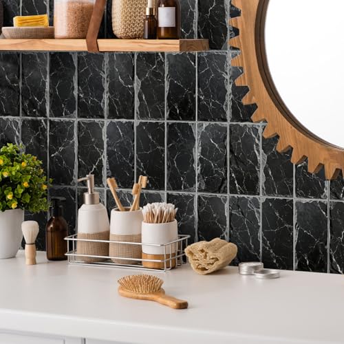 Azulejos Adhesivos Cocina Marble Gris Negro Vinilo Adhesivo Pared Pvc Azulejos Adhesivos Baño Impermeable Revestimiento Pared Pvc Duradero Vinilo Cocina Baldosas Adhesivas Pared 10.16x20.32cm/48 pcs