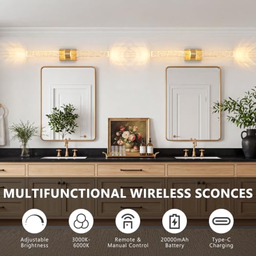 Image of Battery Operated Wall Sconces Set of 2, 20000mAh Rechargeable Wall Light | Remote Control,3000K-6000K Dimmable LED Wireless Sconces,Gold,20.9 Inch