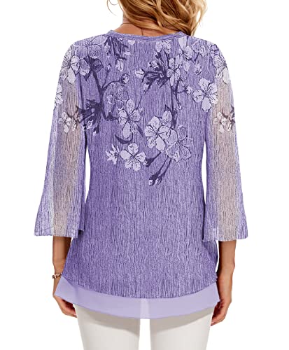 Funlingo Women's 2023 3/4 Sleeve Dressy Tunic Tops Double Layers V Neck Work Blouses Casual Shirts Floral Violet M #TOP2