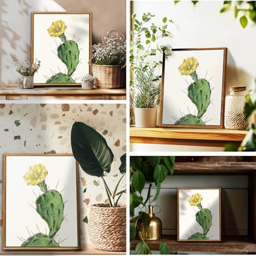 crmotu Vintage Framed Wall Art, Cactus Floral Botanical Prints, Tropical Plant Canvas Pictures, Minimalist Yellow Flower Wall Decor Living Room Bathroom Bedroom, Rustic Farmhouse Decor, 12x16inch