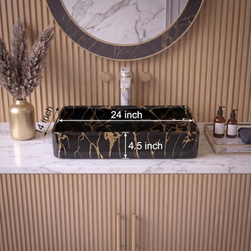Image of Marble Ceramic Tabletop Wash basin | Countertop Vessel Sink | Wash Basin over counter For Bathroom Hotel Home | Bathroom Sink (24 x 14 x 5 Inch) (Black Gold Jelly)