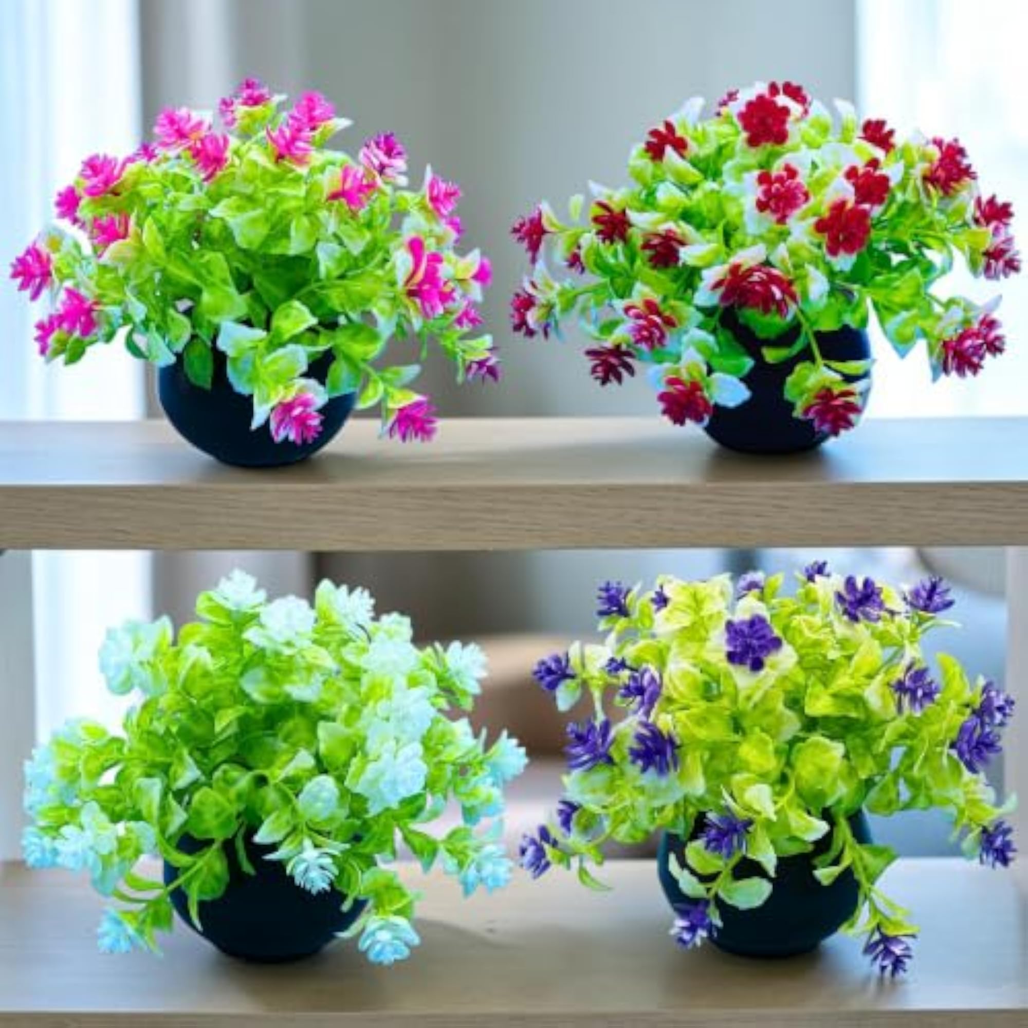 Artificial Flower Plants with Pot, Pack of 4, Multicolour