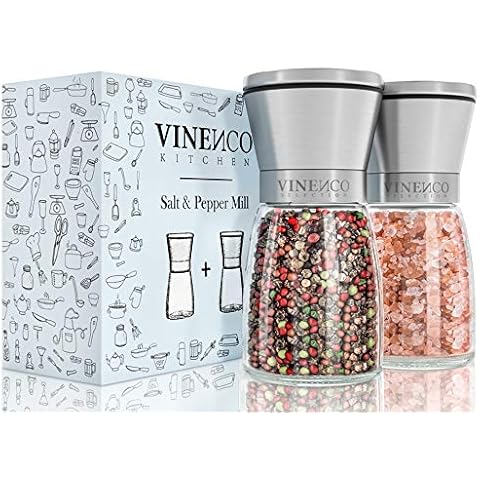 Salt and Pepper Grinders Set - Premium Ceramic Mills with Adjustable Coarseness, Coarse & Fine | 2 Refillable Empty Design Spices Crushers | Glass Pots + Stainless Steel Manual Herbs Dispenser Duo Kit Cover