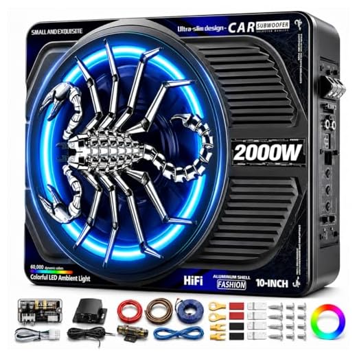 SUBPULSIX 2000W 10 Inch Underseat Car Subwoofer and Amp Package, Slim Powered Under Seat Sub with Built-in Class D Amp, RGB Beat-Synced Light, Low Pass Filter, Bass Boost for Truck SUV