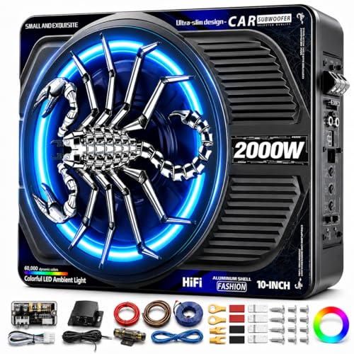 SUBPULSIX 2000W 10 Inch Underseat Car Subwoofer and Amp Package, Slim Powered Under Seat Sub with...