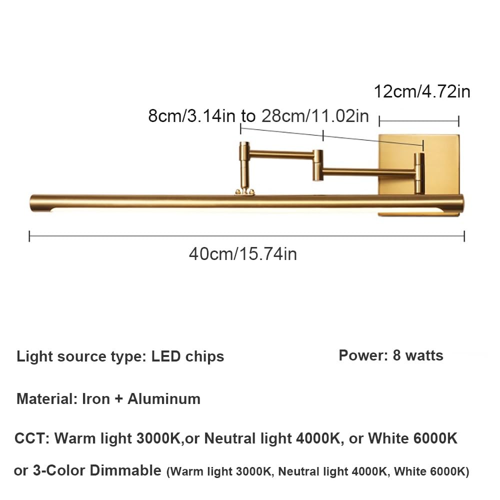 Lampada Specchio Design Moderno, Applique Bagno LED Oro Braccio Regolabile Luce per Specchio Alluminio per Trucco Galleria(White,40cm/15.74in)
