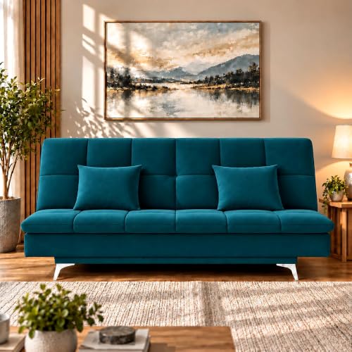 Image of Adorn India Premium New Aspen 3 Seater Sofa Cum Bed 4X6 Velvet Suede with 2 Cushions (Color Ocean Blue) and Suitable for All Indoor, with 3 Years Warranty
