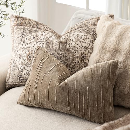 Image of Foindtower Pack of 2 Slubby Textured Chenille Throw Decorative Pillow Covers Lumbar Accent Solid Cushion Cover Neutral Farmhouse Pillow Case for Couch Sofa Bedroom Living Room 12x20 Inch,Brown