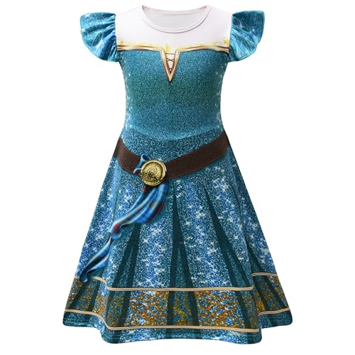 AOVCLKID Girls Merida Princess Costume Birthday Party Dress Halloween Cosplay Outfits(6 Years,Blue)