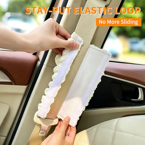 Image of Cute Pink Flower Seat Belt Cover Pads for Women Girls - Soft Plush Seatbelt Cushion, Fun Car Accessories (2, Purple Camellia)