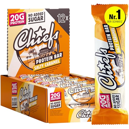 Chiefs High Protein Riegel - 20 g Protein, der köstliche Snack ohne Zuckerzusatz - 12 x 55 g Eiweißriegel ohne Palmöl - Salty Caramel