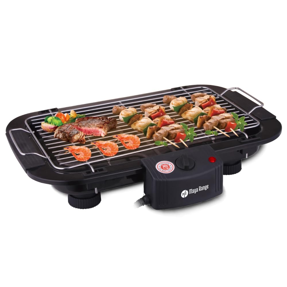 Maya Range Black Electric Bbq Grill 2000W Indoor Outdoor Portable Tabletop Barbecue, Non-Stick Grilling Surface, Temperature Control 3 Adjustable Heights With Drip Tray Easy Clean