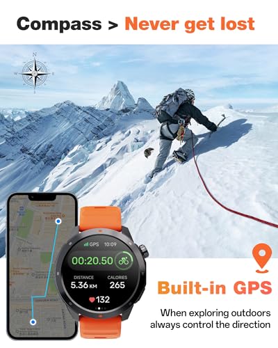 Image of AOLON GPS Smart Watch for Men, 1.43'' AMOLED Smartwatch with Compass /Barometer /Altimeter, Heart Rate /Sleep Monitor, 30M Waterproof, 60+ Sports Fitness Tracker for Android /iOS, Black & Orange (2 Bands)