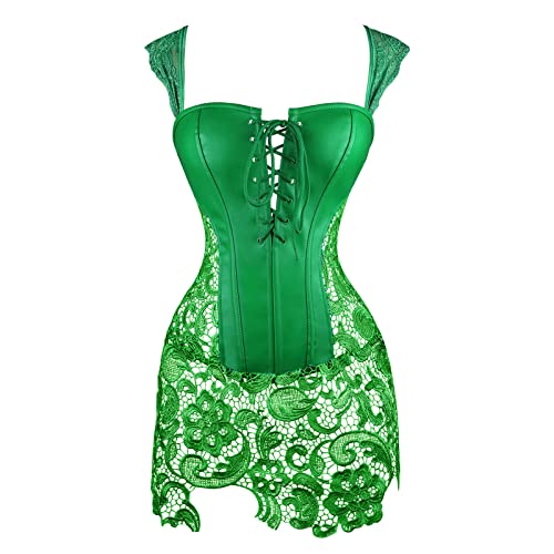 Kimring Women's Steampunk Gothic Sexy Faux Leather Shoulder Strap Bustier Corset With Lace Skirt Green Medium #TOP1