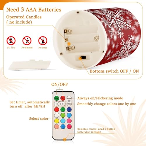 Image of Christmas Lights Decorations Flameless Candles Christmas Background with Snowflakes Red Pillar Candles Set of 2 Battery Operated Remote Control Warm Lights