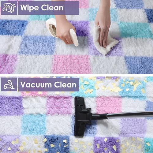 Image of KICMOR Purple Rainbow Checkered Rugs for Living Room, Fluffy Soft 8x10 Area Rugs Colorful Fuzzy Shag Shaggy Bedroom Carpet, Cute Indoor Plush Rug for Kids Girls Dorm Nursery Home Decor Aesthetic