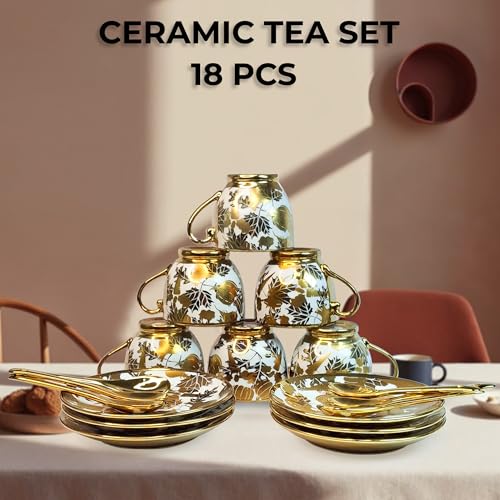 Image of DMRD-Elegant Ceramic Tea 18 Piece Set |Gold-Plated Cups with Saucers Spoons | Luxury Floral Designer Gift |Home & Party Tea Set with Kettle | Ceramic Pot Floral Aesthetic | Crockery (Gold)