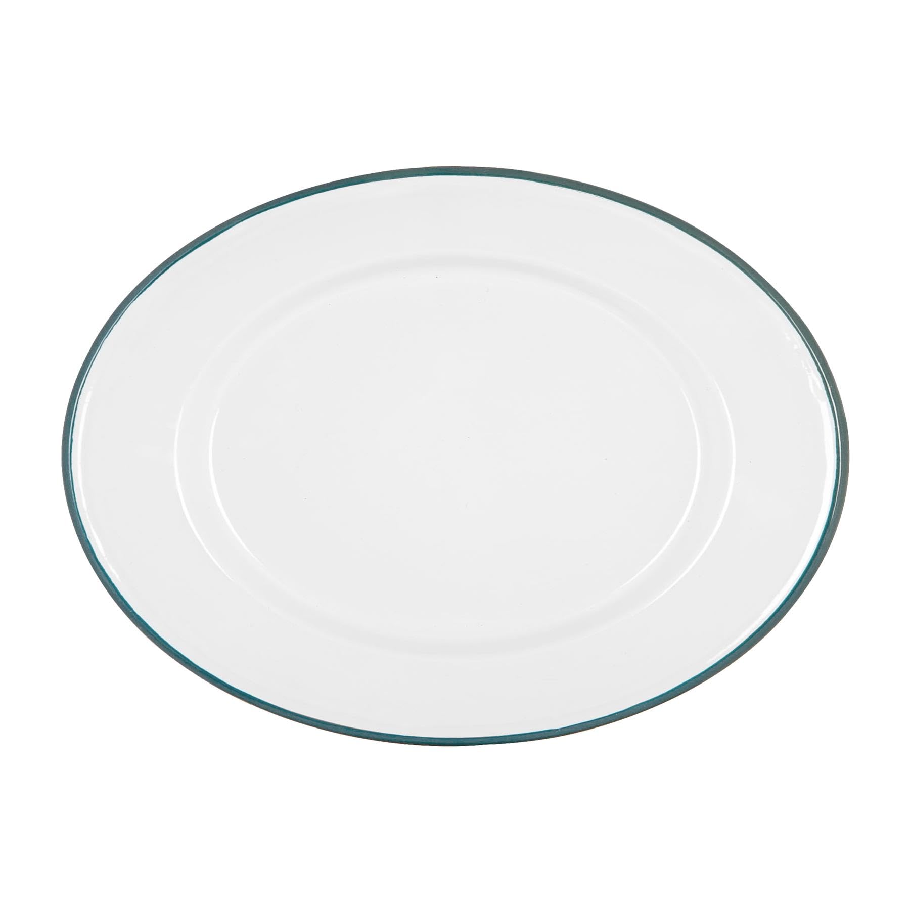 Argon Tableware Enamel Serving Platter with Green Rim - 30.5 x 22.5cm White Enamel Rectangular Serving Board Food Trays for Food, Drinks at Picnics, Camping, Travels