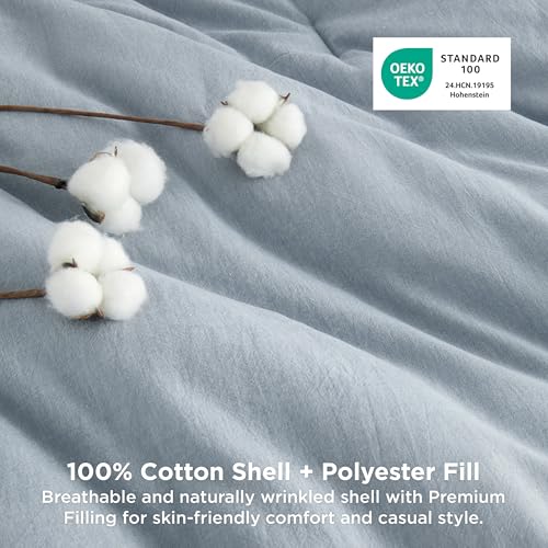 Image of Bedsure Comforter Set Queen Size - Cotton Fabric with Microfiber Inner Fill, Mineral Blue PureWoven Soft Bed Set for All Seasons, 3 Pieces, 1 Comforter (90 inch x 90 inch) and 2 Pillow Cases (20 inch x 26 inch)
