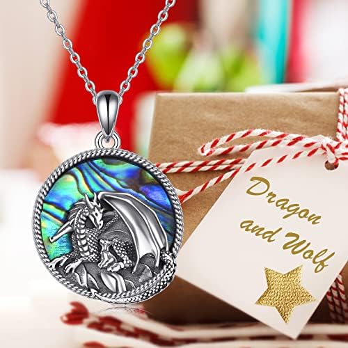 VONALA Wolf / Owl / Dragon / Viking Necklace Sterling Silver Wolf Viking Necklace for Men Abalone Shell Animal Jewelry for Women Men Unisex Birthday Gift