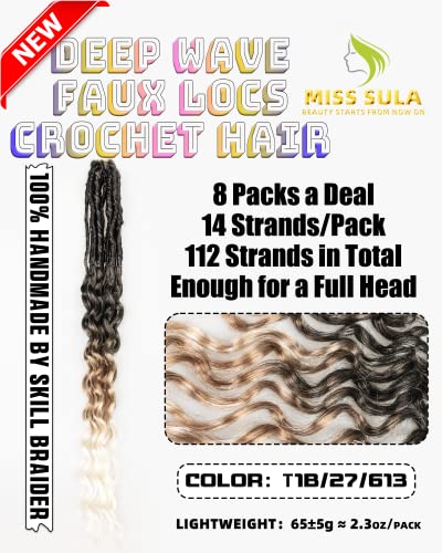 Faux Locs Crochet Hair for Black Women- 24 Inches 8 Packs Pre Looped Ombre Black to Blonde Off-white 112 Strands Synthetic Hair Extensions, Soft Goddess Locs Braids with Long Deep Wave Curly