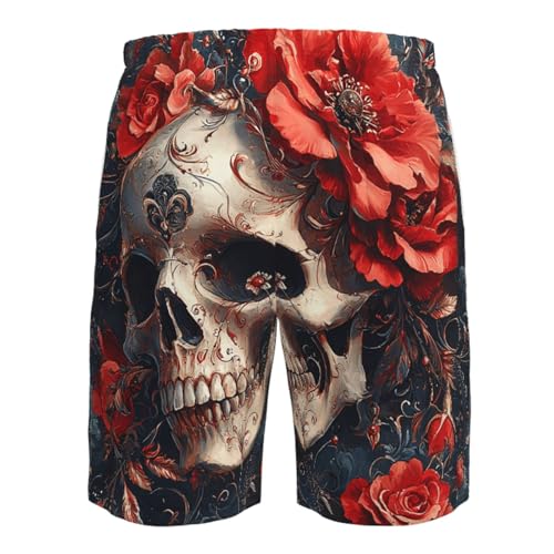 Men's Swim Trunks Beach Board Shorts Swimming Quick Dry - Gothic Skull Red Rose4