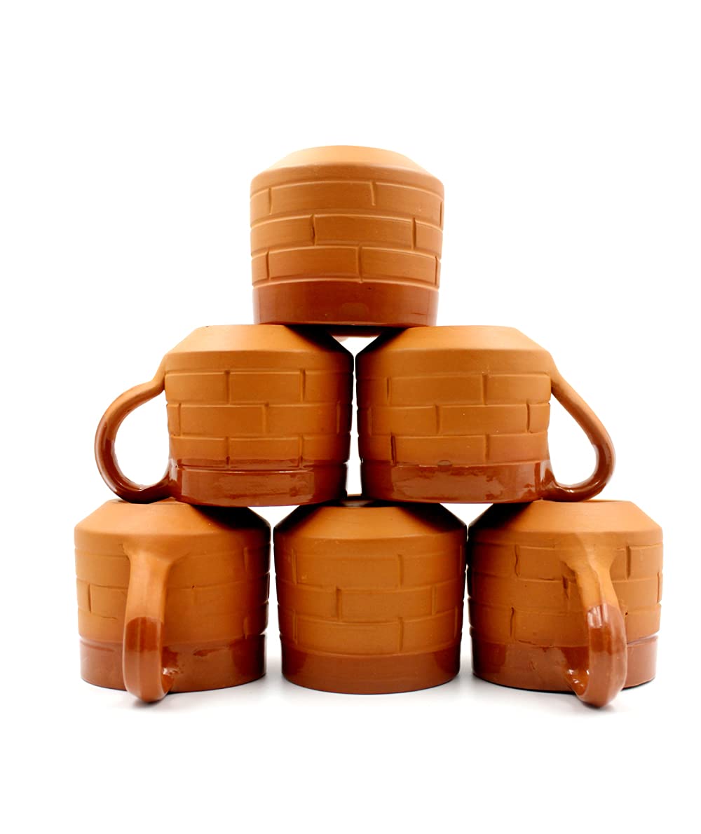 SULFAXHandmade Ceramic Terracotta Clay Tea Cup with Entic Traditional Brick Design Set of 6 Pcs-120 ml