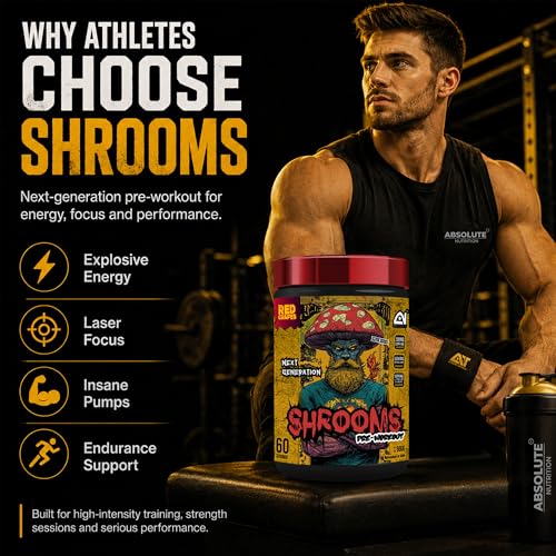 Image of Absolute Nutrition SHROOMS Pre Workout Powder (60 Servings, 500g) | with Beta Alanine, L-Citrulline DL-Malate 2:1, Cocoa Bean Extract & Bitter Orange | (Red Grapes)