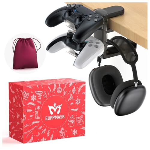 Image of 3in1 Rotating Headphone Holder - EURPMASK 3in1 PC Gaming Headset Holder w /Detachable Controller Holder, Adjustable Clamp-on Headset Stand,Headphone Hanger Hook Under Desk w /Cable Clip Organizer,Black