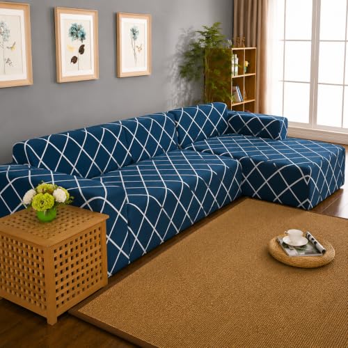 Image of Gifts Island Premium 160GSM Super Soft Peacock Grill Stretchable Sofa Cover L Shape 7 Seater Fully Covered | Suitable for Both Left and Right Side Chaise Sofa (Peacock Grill, 4+3 Seater)