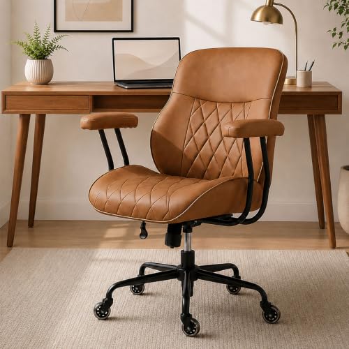 BEWISHOME Brown Leather Office Chair with Quiet Rubber...