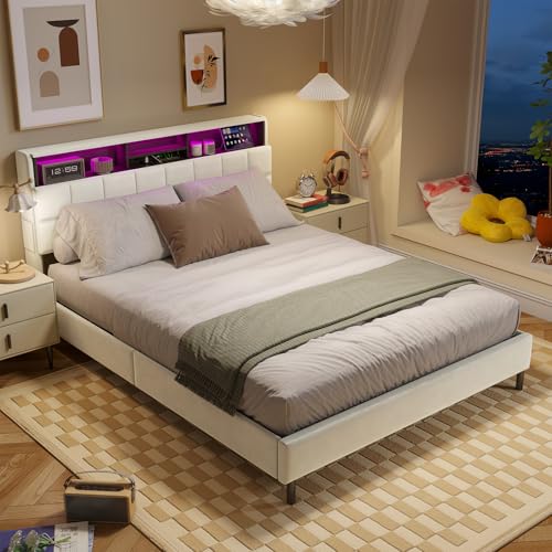 NFHVlo Cama 140x200 cm con Cabecero de 2 Estantes y Espacio Oculto, Estructura de Terciopelo con LED y Type-C, Somier 500kg (Sin Colchón)