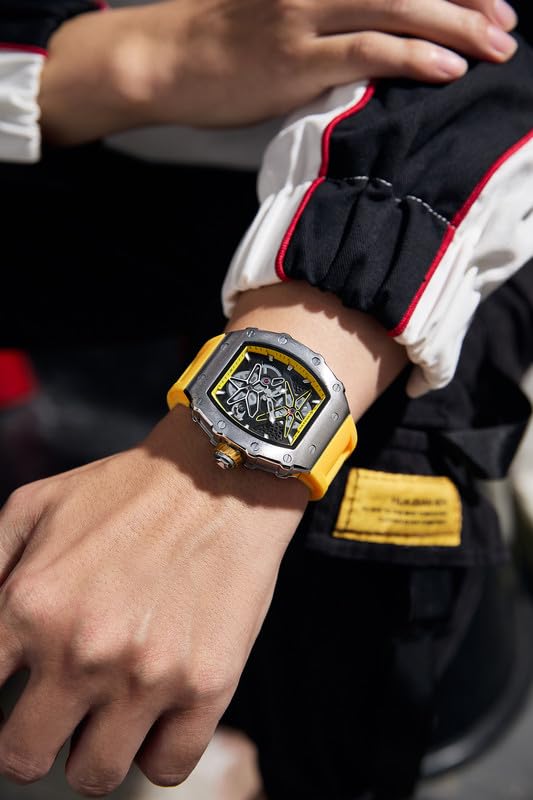 Image of Giordano Analog Skeleton Dial Watch for Men - Tonneau Case, Silicone Strap, Open-Gear Sport Design, Quartz Movement