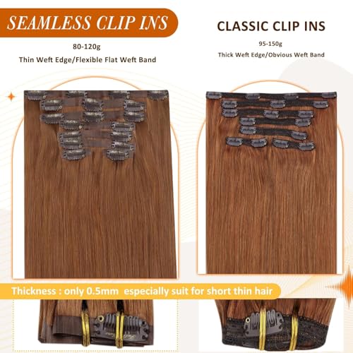 Image of Full Shine Seamless Hair Extensions Clip in Copper Brown Clip in Hair Extensions Brown Seamless Clip ins Straight Brazilian Hair Ease of Use 14 Inch 8 PCS 120 G