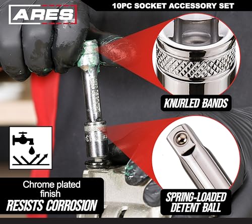 Image of ARES 71270-10-Piece Socket Accessory Set - Premium Chrome Vanadium Steel with Mirror Finish - Includes Socket Adapters, Extensions and Universal Joints
