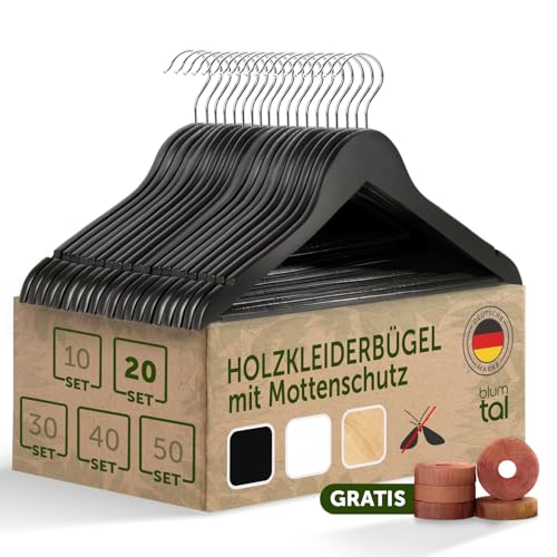 Blumtal - 20 Kleiderbügel aus schwarzem Holz – Kleiderbügel aus Holz rutschfest – für Erwachsene mit 360 ° drehbarem Haken aus Chrom – mit 2 Kerben – mit Rutschfester Aufhängeleiste, Schwarz