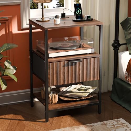 Image of VINGLI Nightstand with Charging Station and Fabric Drawer, Walnut Nightstand Fluted with Drawer, Bedside Table /End Table with Charger Station, Side Table Bedroom, Small Night Stand Dark Walnut, 1 pc