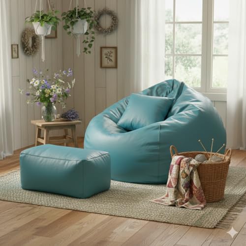 Image of Luxury 5XL Jumbo Bean Bag with Footrest & Cushion | Premium Leatherette | High-Density Beans Filled | Heavy Duty Double Stitch | 6 Months Warranty Color- (Navy Blue) (Aqua)