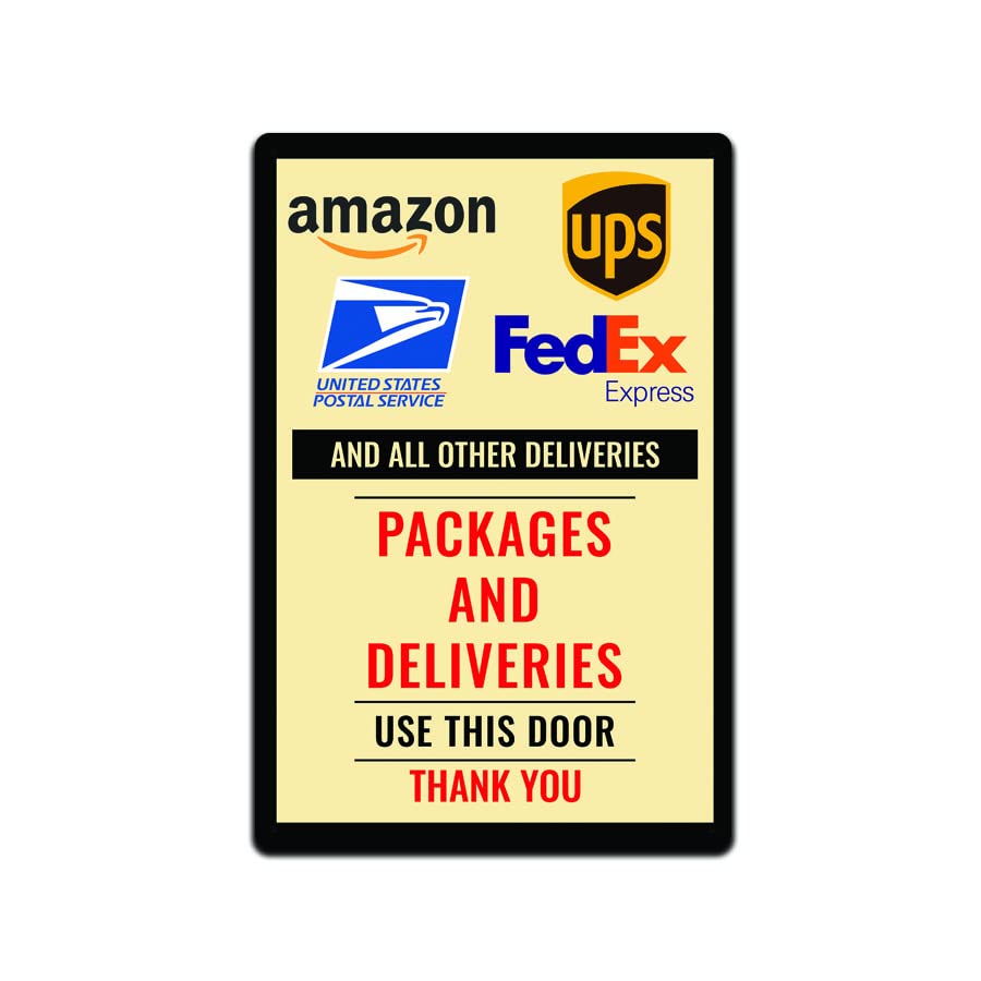 JP's Parcels Tin Signs Home Wall Décor - Metal Sign 12 x 8 in. Packages and Deliveries Use This Door