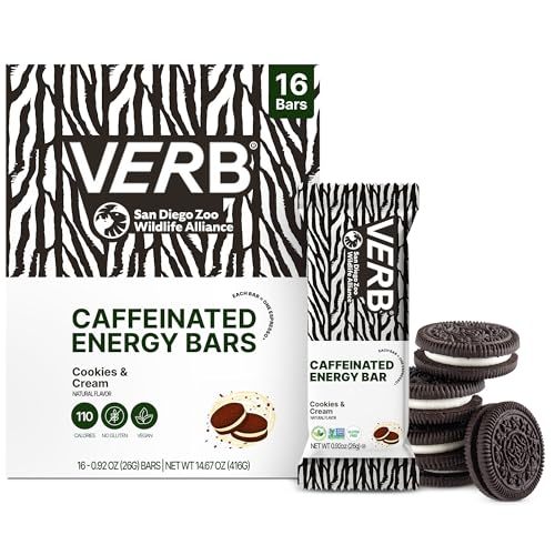 Verb Caffeinated Energy Bars Cookies & Cream (26g Pack of 16) 110-Calorie Delicious Low Sugar Energy Bar - Vegan Gluten Free On-the Go Snack with 80mg Green Tea Caffeine Only Real-Food Ingredients