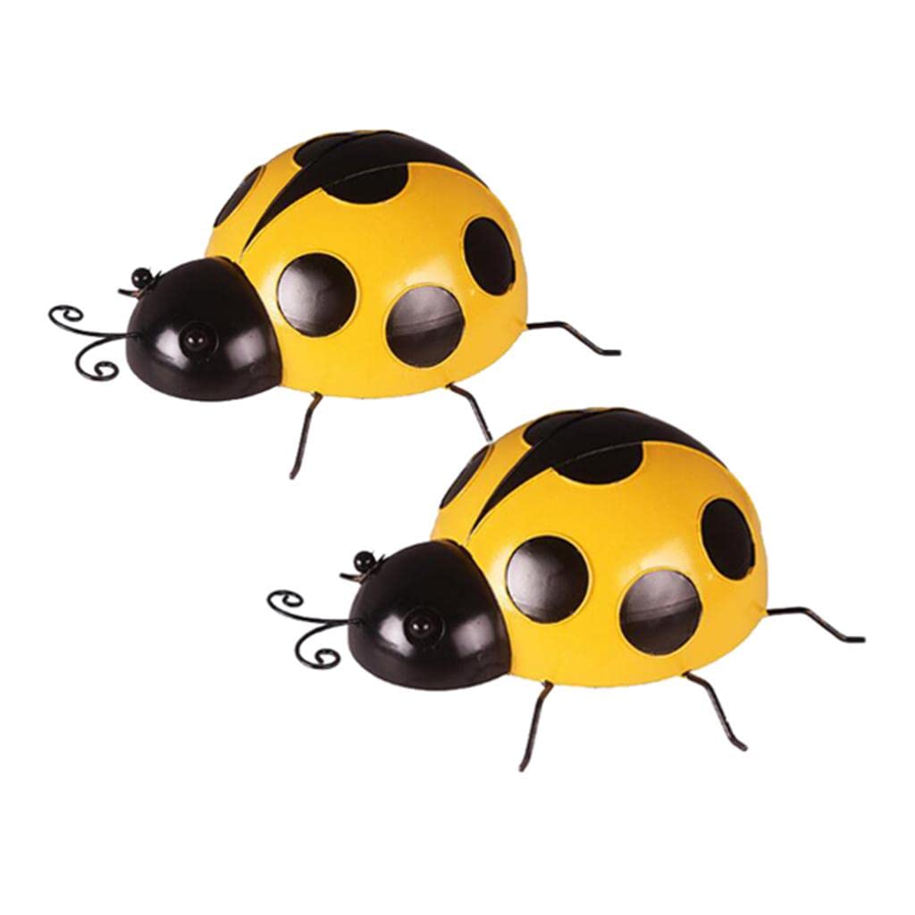 Mini Metal Ladybug Fence Hanger Wall Hanging Outdoor Garden Decor Yellow x2 | Statues & Lawn Ornaments-image-47