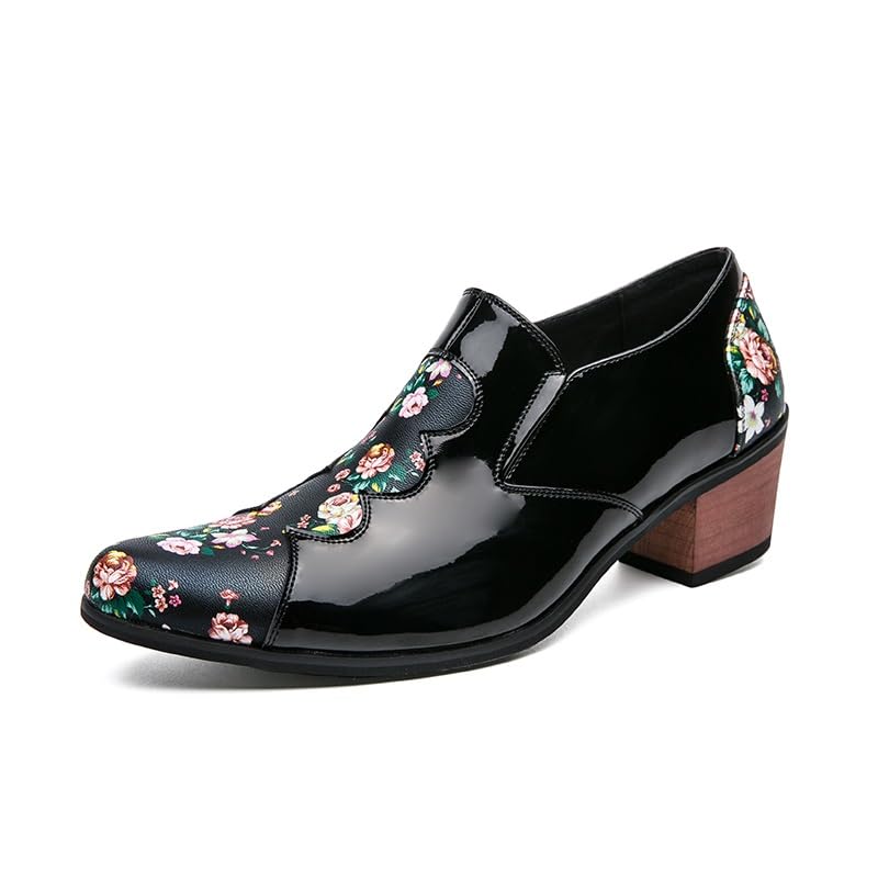 Dress Formal Shoes for Men Slip On Pointed Toe PU Leather Patchwork Floral High Heel Anti-Slip Non Slip Resistant Low Top Outdoor