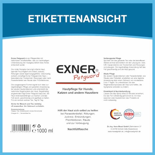 Exner Petguard Hautpflege & Fellpflege für Hunde, Katzen & andere Haustiere 1 Liter – Bei Juckreiz, Hautreizungen, Haarausfall, Entzündungen, Milben, Parasiten, Räude & Pilzbefall – Dermatest SEHR GUT