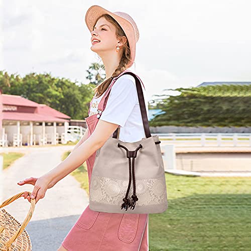 Image of Women Shoulder Bag Canvas Tote Bag Retro Drawstring Bucket Bag Ladies
